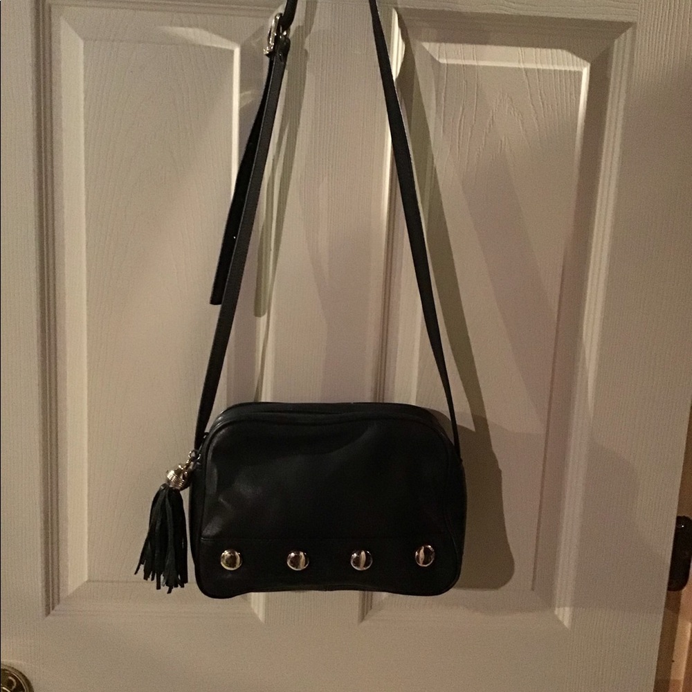 VINTAGE LAMBSKIN BLACK LEATHER HANDBAG W GROMMETS